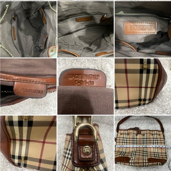 Burberry Beige/Brown Haymarket Check Canvas and Leather Drawstring Bucket Bag - Picture 15 of 16